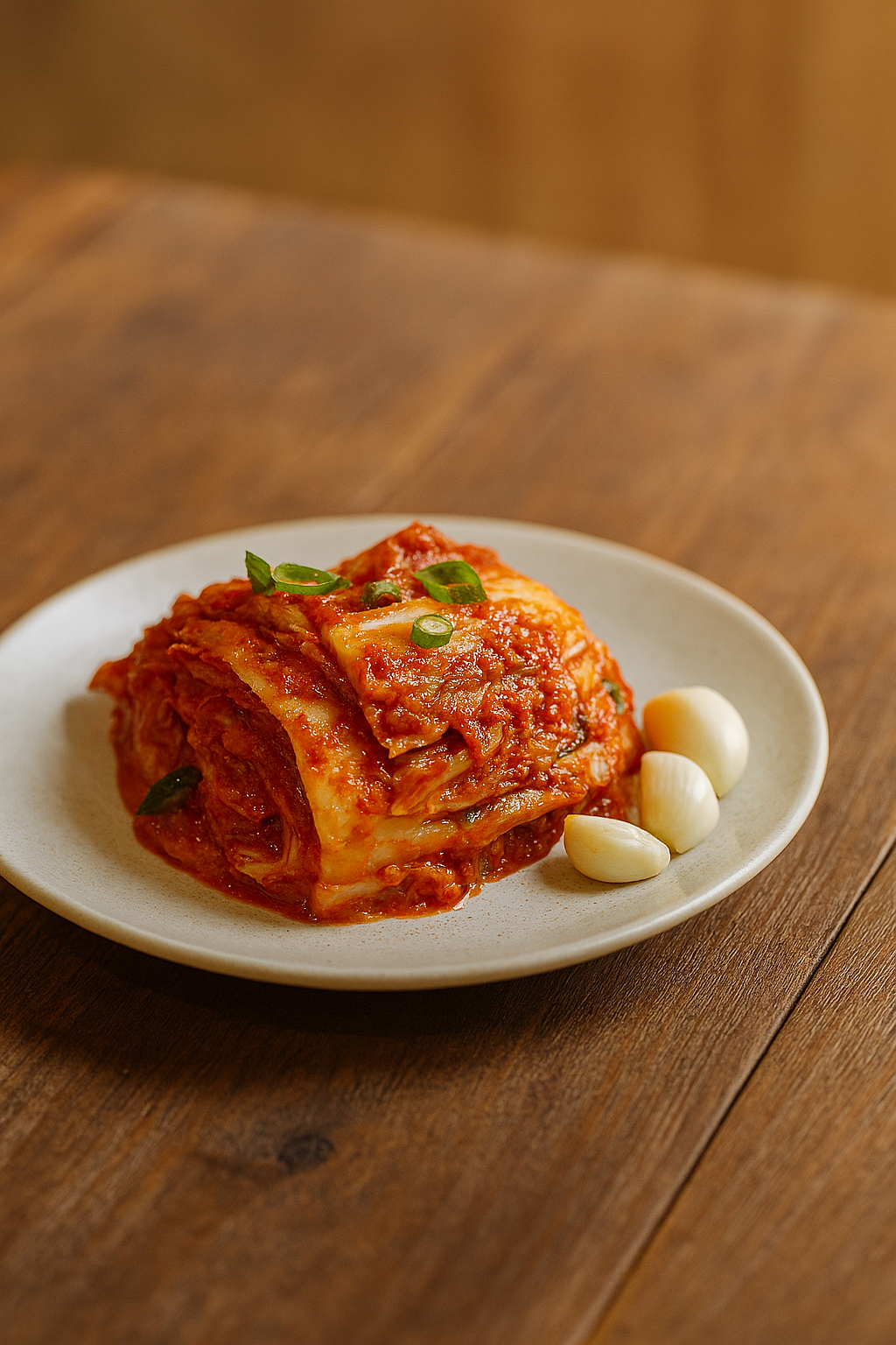 A neatly plated serving of Korean kimchi with red chili paste and green onions on a wooden table.