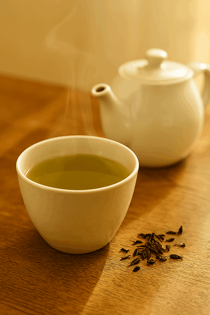 A cup of steaming green tea beside a teapot with loose tea leaves on a wooden table.