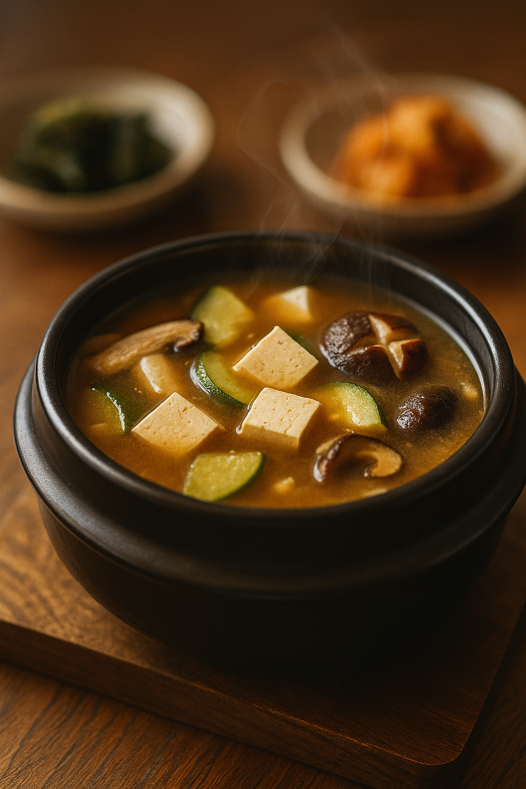 A hot bowl of Korean soybean paste stew with tofu and mushrooms served on a wooden table.