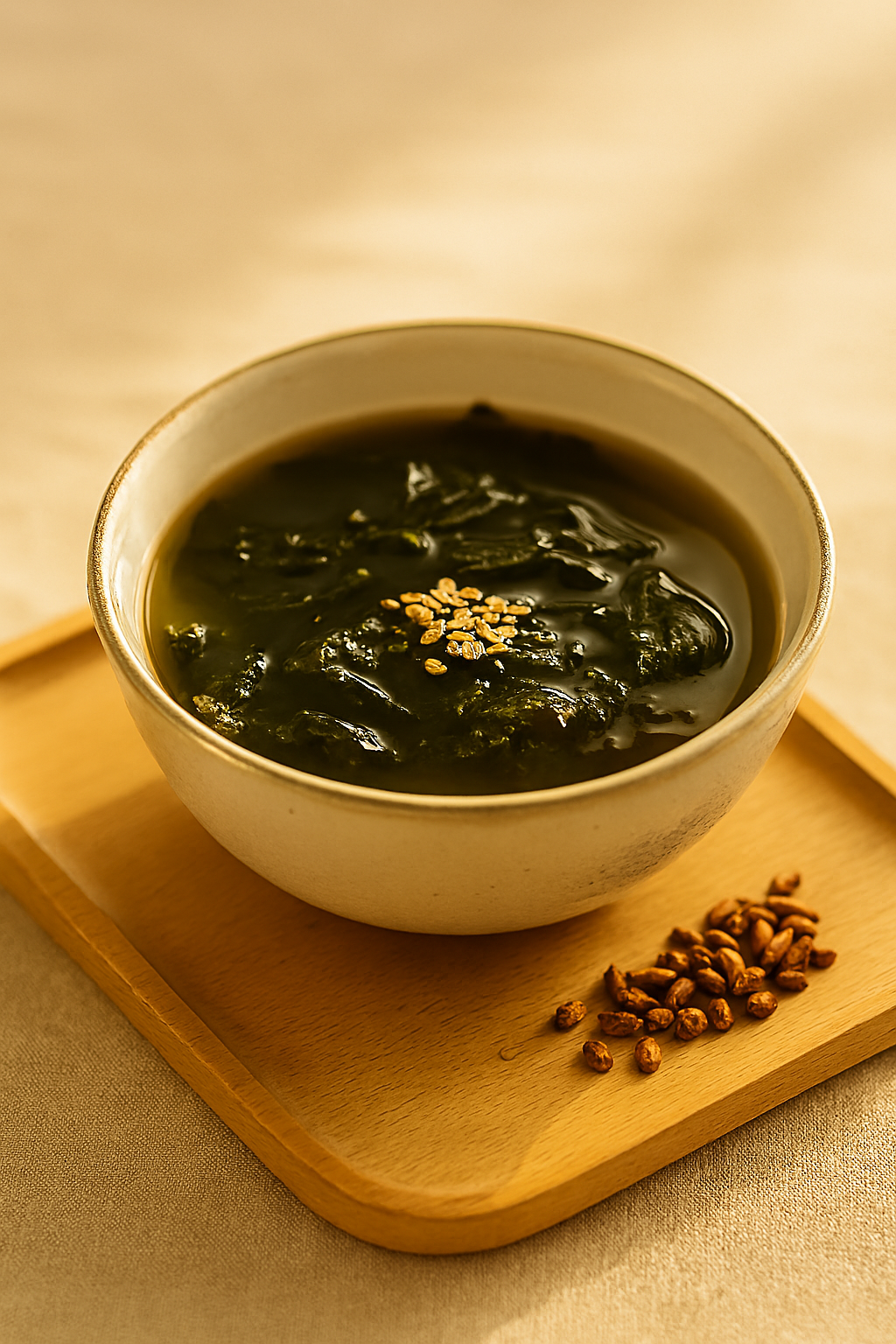 A bowl of Korean seaweed soup with sesame oil and green seaweed floating in soy broth.
