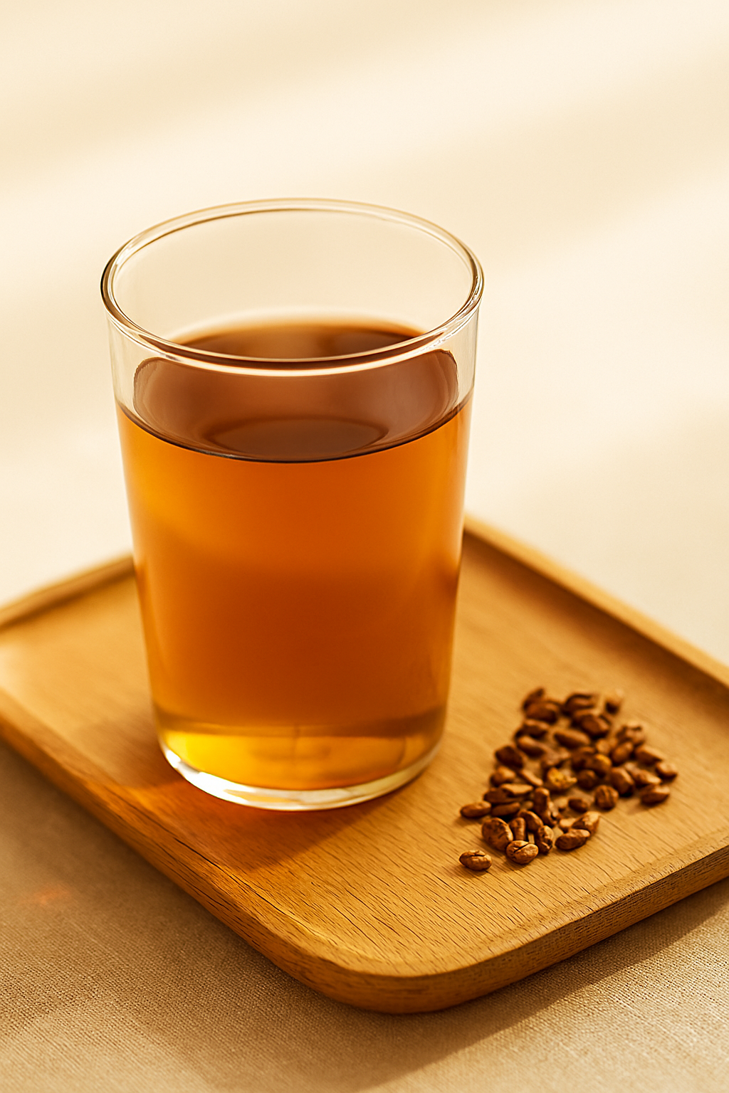 A clear glass of Korean barley tea with toasted barley beside it, glowing in sunlight.