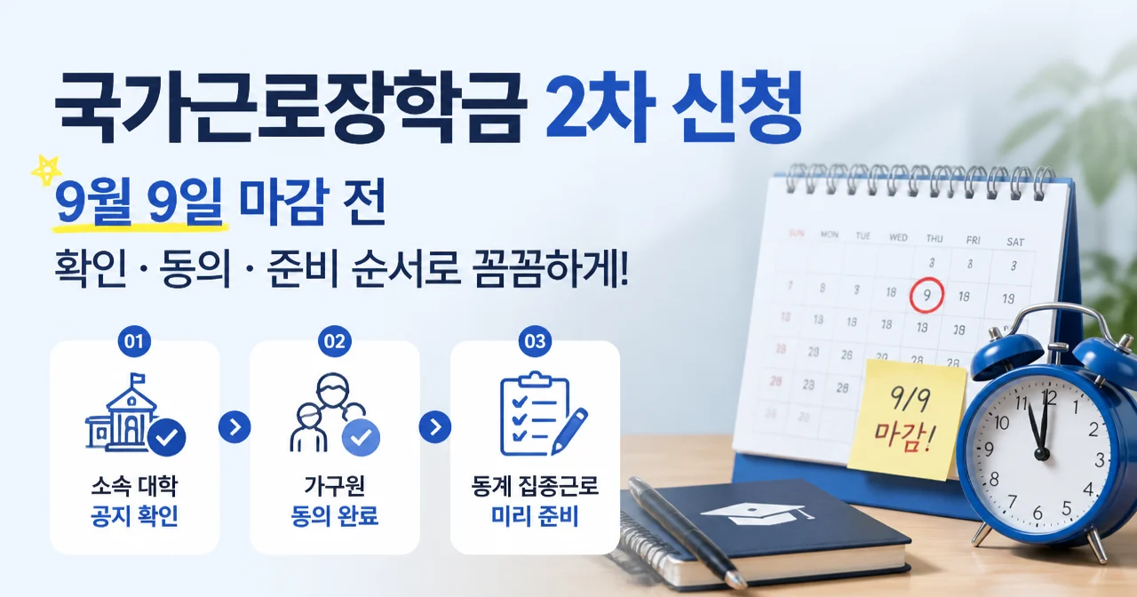 국가근로장학금 2차 신청, 9월 9일 마감 전 대학 확인·가구원 동의·동계 집중근로 준비 순서